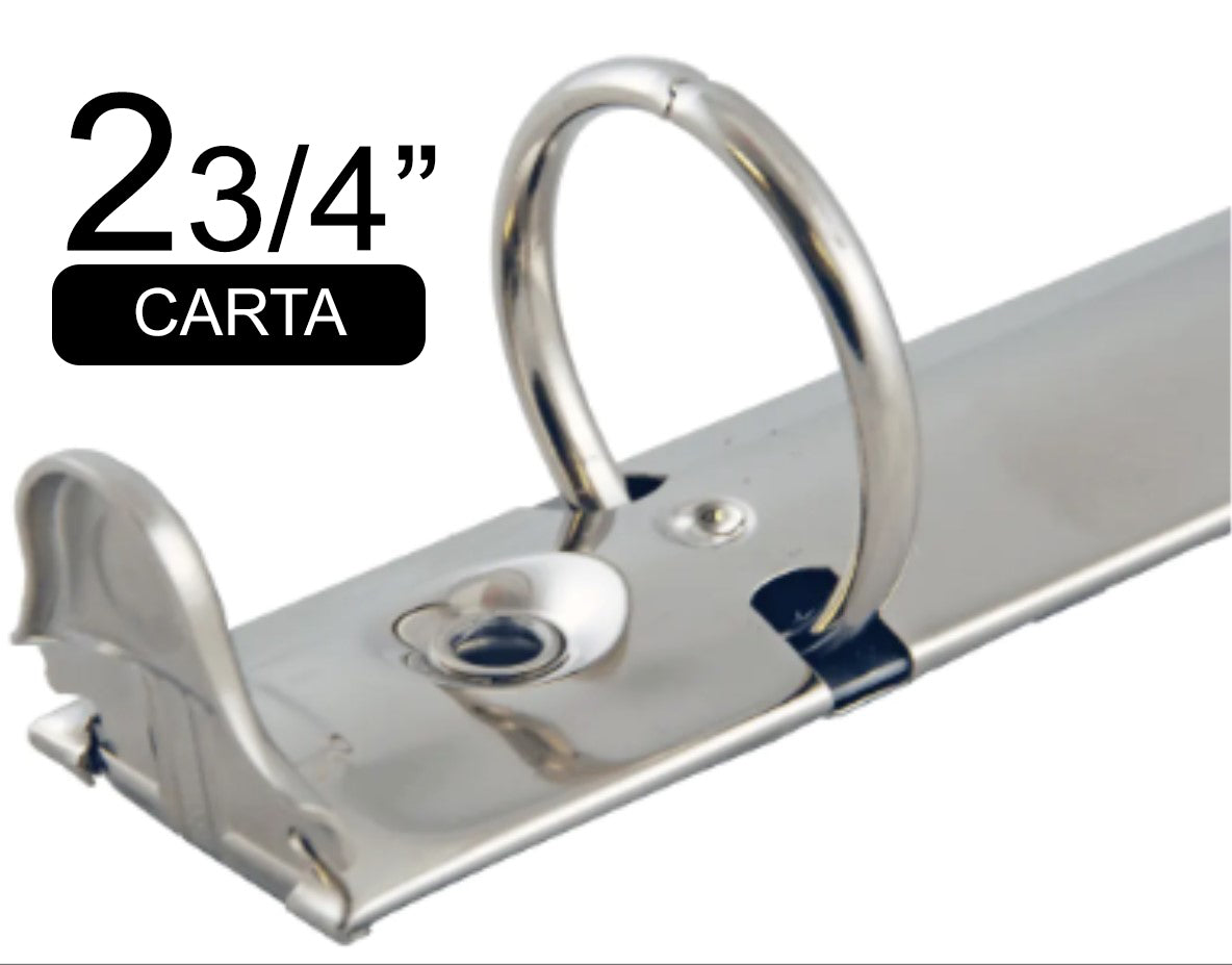 Herraje tamaño carta de 280 mm con tres argollas circulares de 2 3/4 pulgadas de diámetro, con palancas, base de 36 mm, acabado níquel, y capacidad para 625 hojas. Herraje tamaño carta de 280 mm con tres argollas circulares de 2 3/4 pulgadas de diámetro, con palancas, base de 36 mm, acabado níquel, y capacidad para 625 hojas.